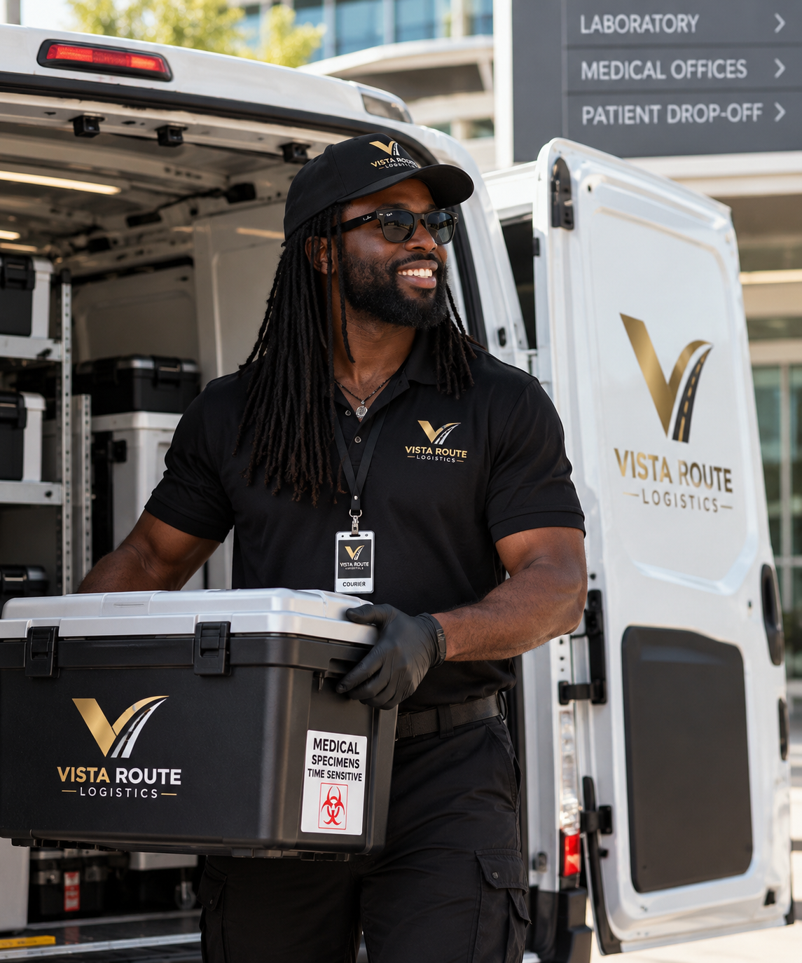 Vista Route Logistics medical courier carrying a time-sensitive medical specimen bin